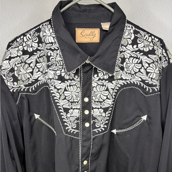 Scully Men Black Western Pearl Snap Embroidered Floral Yoke Long Sleeve Shirt 2X - Picture 3 of 5
